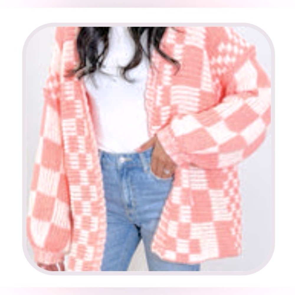 Checkered Bubblegum Pink Chunky Knit Cardigan Sweater